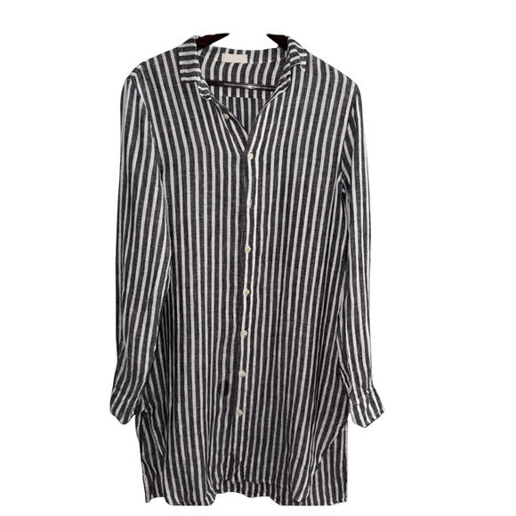 CP Shades Linen Stripe Shirt Dress Black White Button Front Tunic Minimalist - Picture 2 of 13